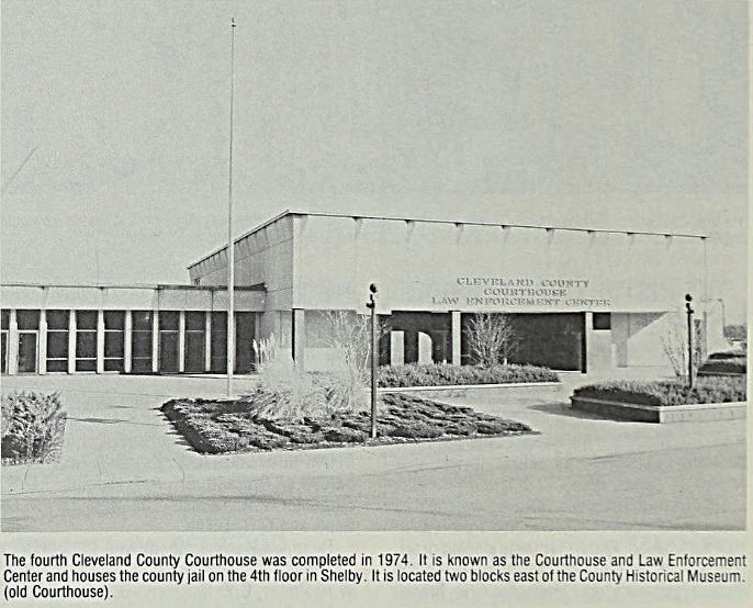 The fourth Cleveland County Courthouse, completed in 1974, featuring the courthouse and law enforcement center, located in Shelby.